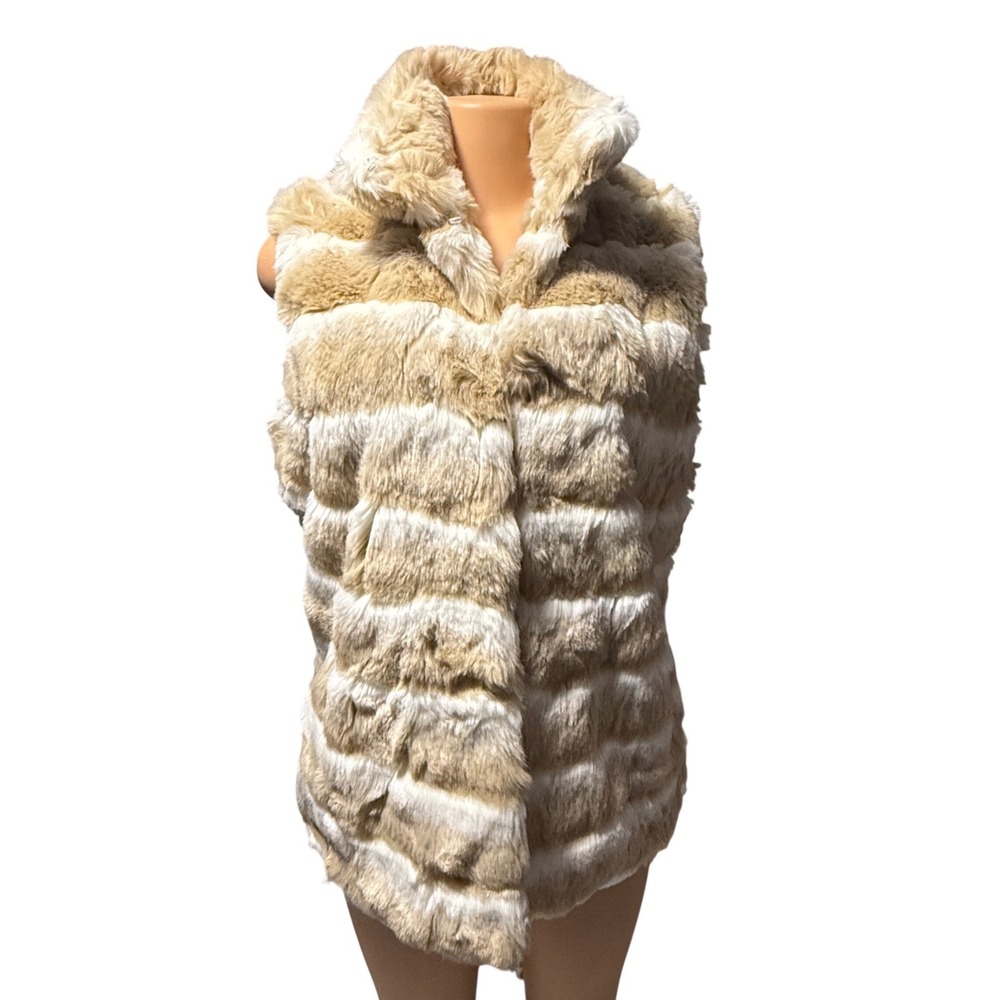 Gianni Bini Faux Fur Vest Women Large Tan Excellent Striped Funnel Neck Plush